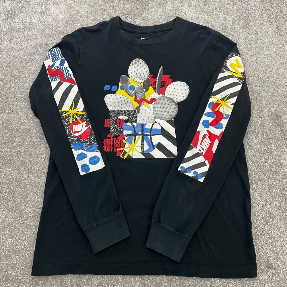 Nike T-Shirt Mens Medium Long Sleeve Black Graphic Print Crew Neck Retro Cactus